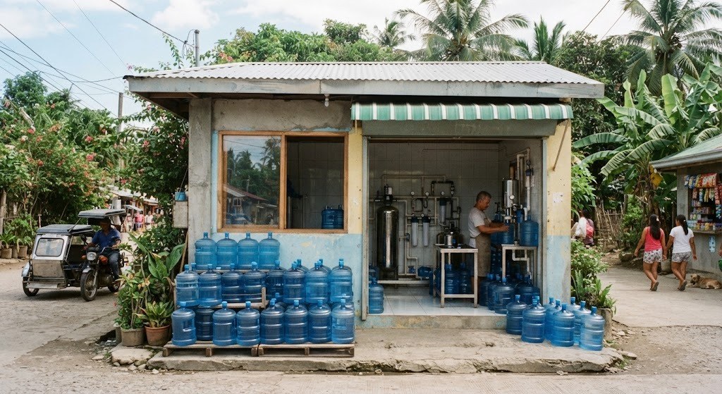 Interior of a small water refilling station with filtration tanks and a bottle filling counter