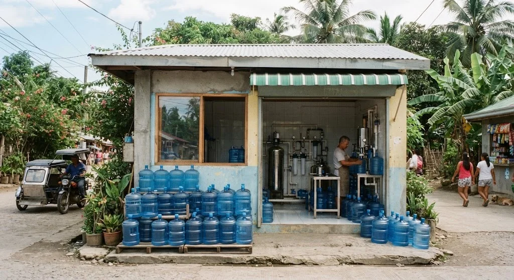 Interior of a small water refilling station showing reverse osmosis filtration tanks and a bottle filling counter