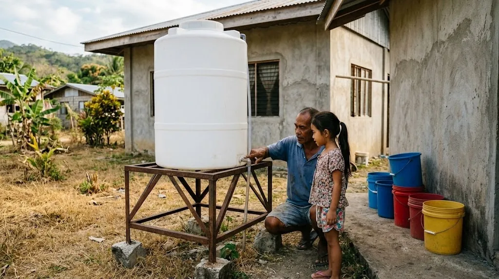 Filipino father and young daughter checking the water level of a white poly tank on a steel stand beside a concrete house in Negros Oriental, dry brown grass in the yard and plastic pails lined up beside the tank