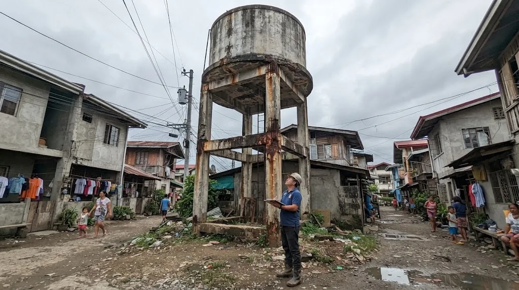 Engineer inspecting an old elevated concrete water tank tower with rust stains and spalled columns in a barangay
