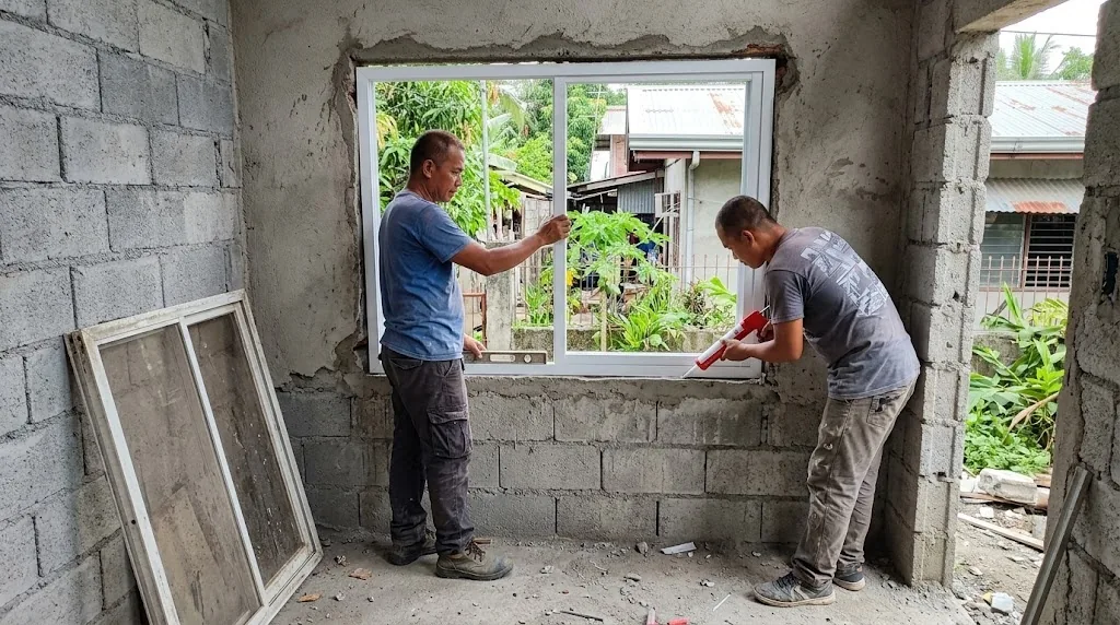 Two workers fitting and sealing a new aluminum sliding window in a hollow block wall