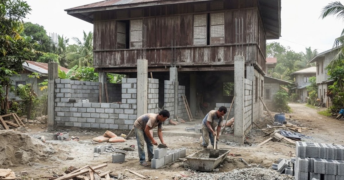 Hollow block walls and concrete columns being built under an old wooden house in the Philippines