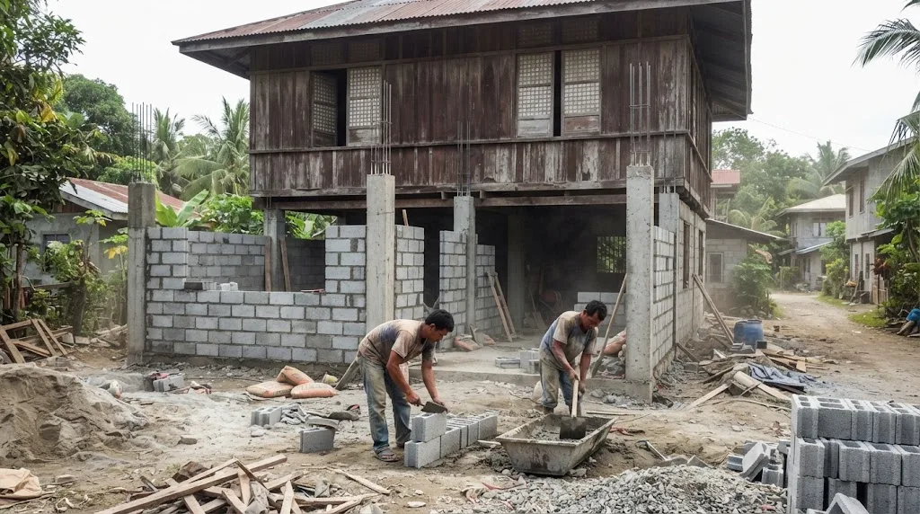 Workers laying hollow blocks between new concrete columns under the old wooden upper storey of a house in the Philippines
