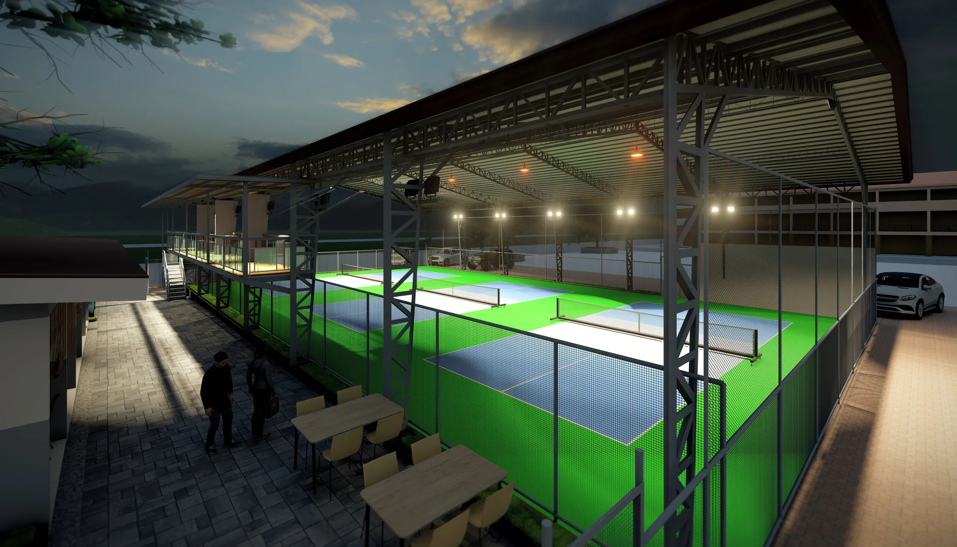 Covered padel and sports court facility at night, AEDO design