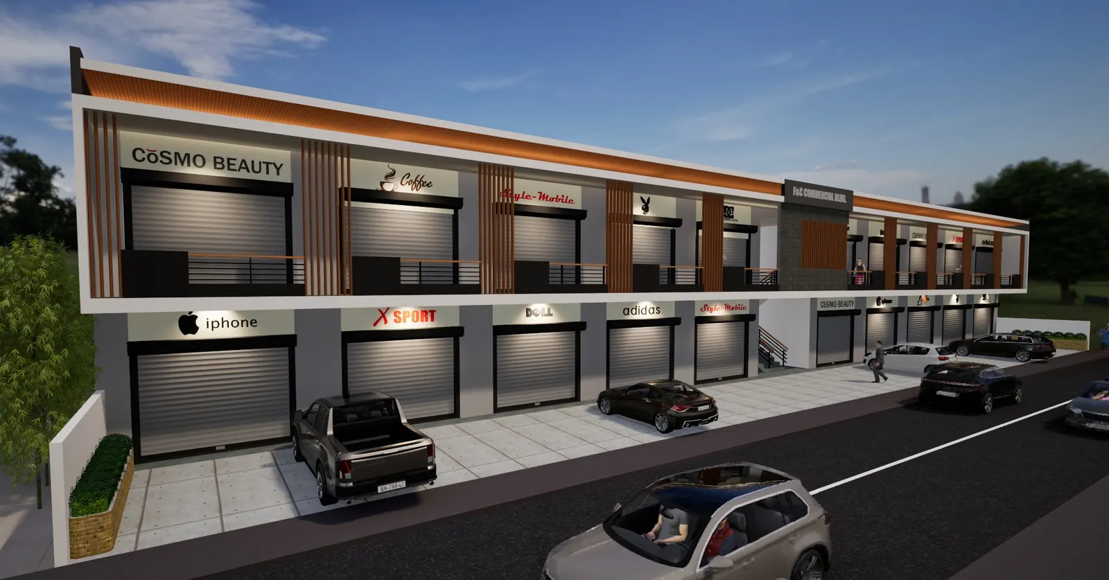 Two-storey commercial retail building render, AEDO design