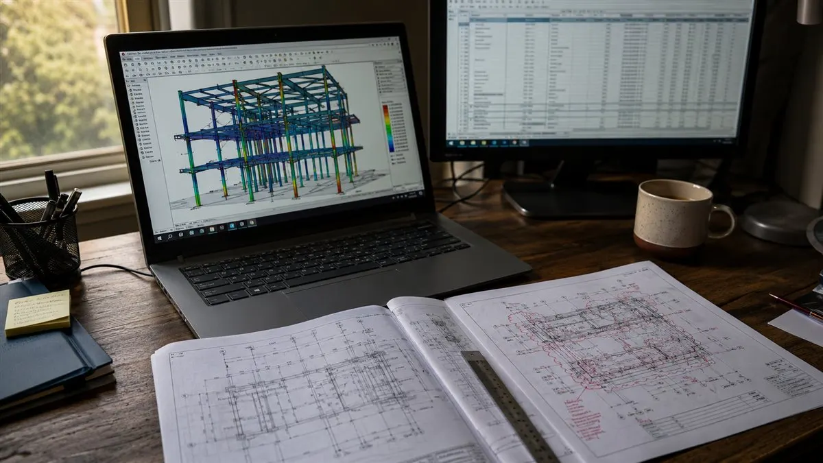 Structural engineer's desk with a 3D steel-frame model open on a laptop, a printed drawing set marked up in red, and a bill of quantities on a second monitor