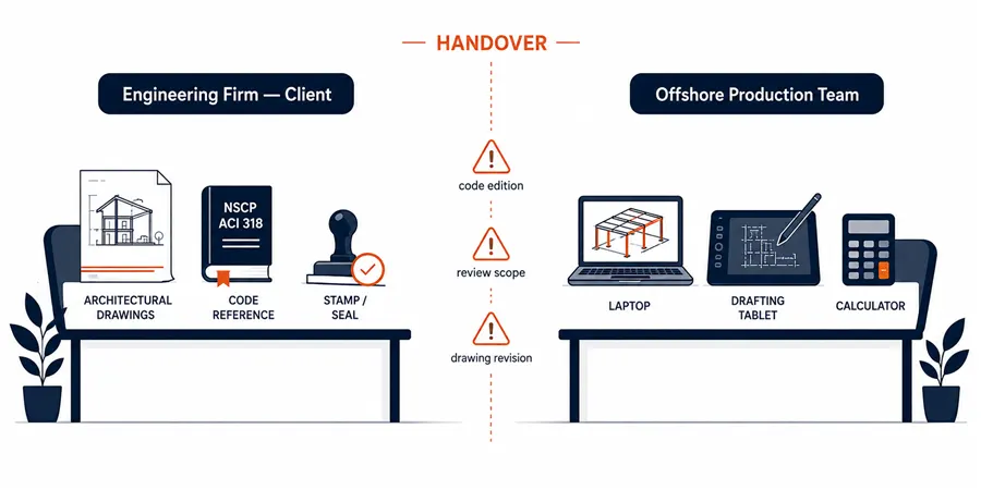 Diagram showing the handover gap between an engineering firm's client-side desk (architectural drawings, code reference, stamp/seal) and an offshore production team's desk (laptop, drafting tablet, calculator), with three warning points at the handover line: code edition, review scope, drawing revision