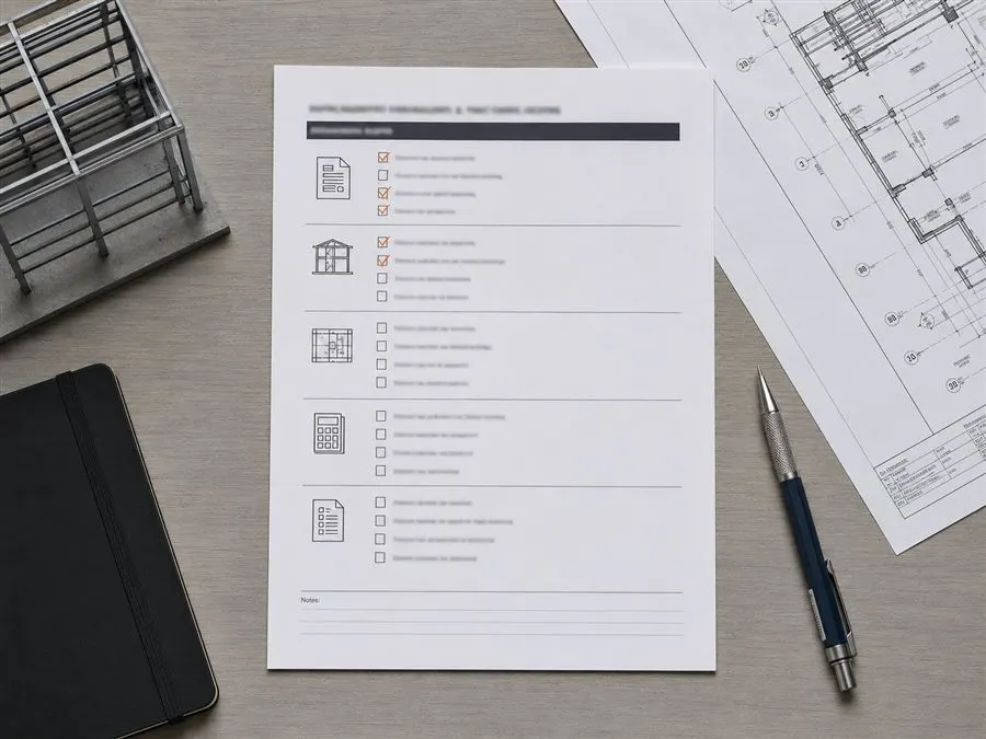 Printed structural scoping checklist on a desk next to a small building frame model, architectural drawings and a mechanical pencil