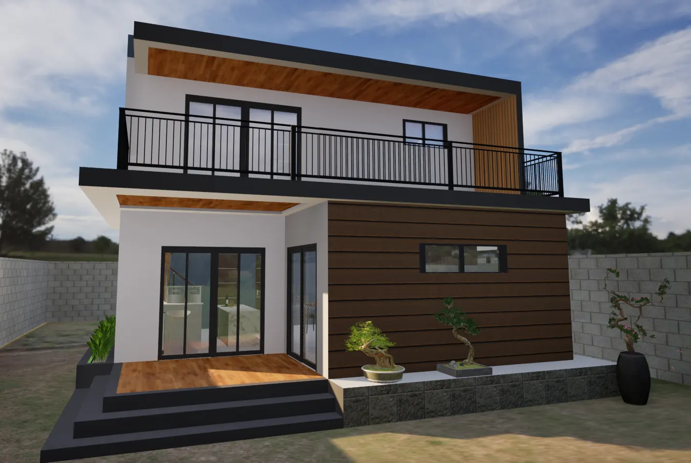 3D architectural render of the finished two-storey Repollo Residence with wood siding and balcony — Tanjay City