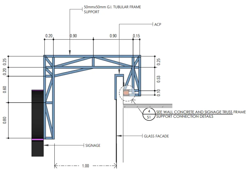 Section detail of a G.I. tubular signage frame anchored over a glass facade — Cybergate Dumaguete 1