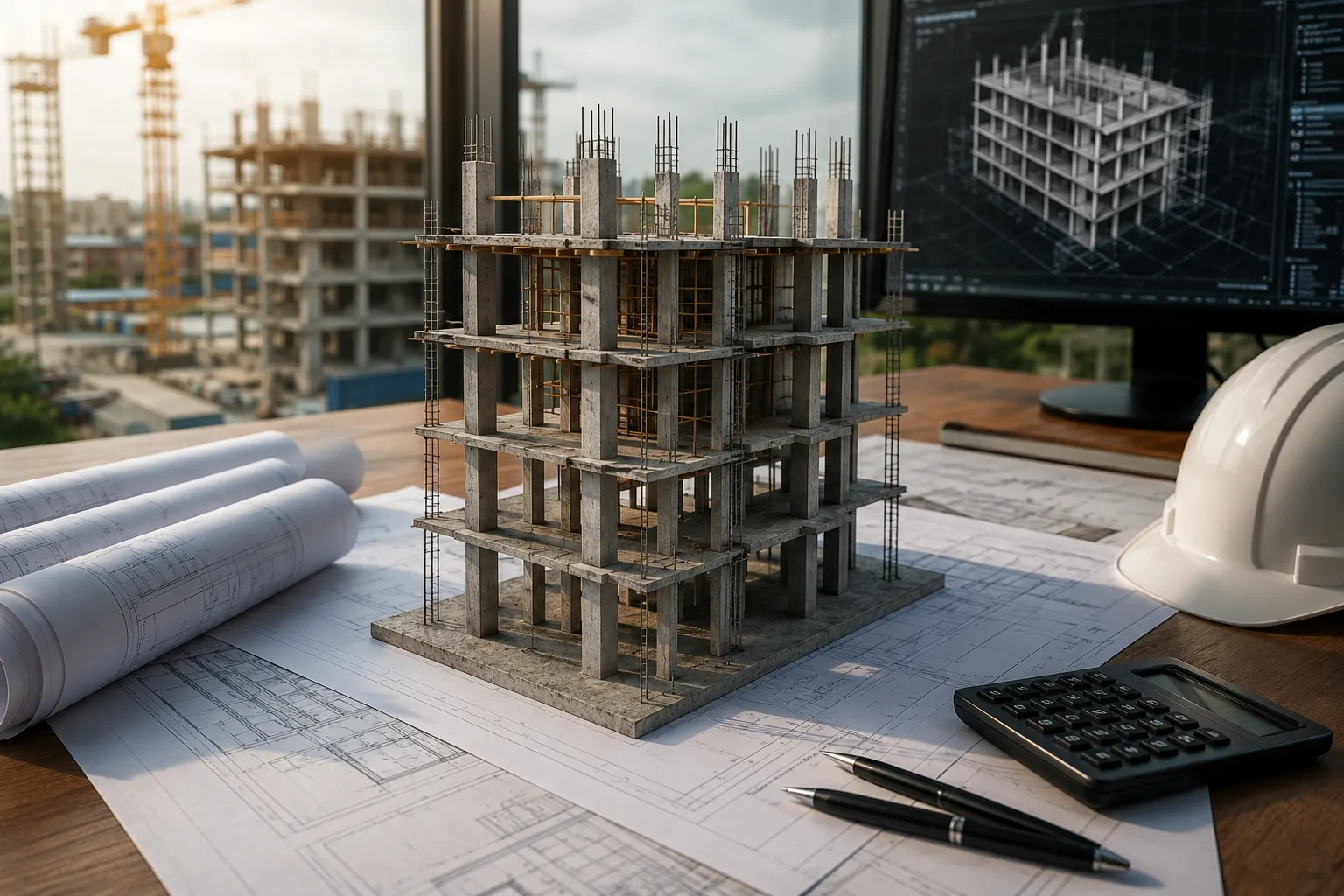 3D reinforced-concrete building model on a desk surrounded by blueprints, a hard hat, and a structural analysis workstation