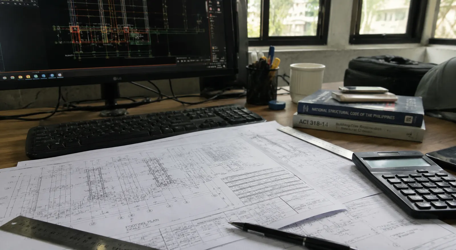 Footing plan drawing on a desk beside the National Structural Code of the Philippines and ACI 318 code books
