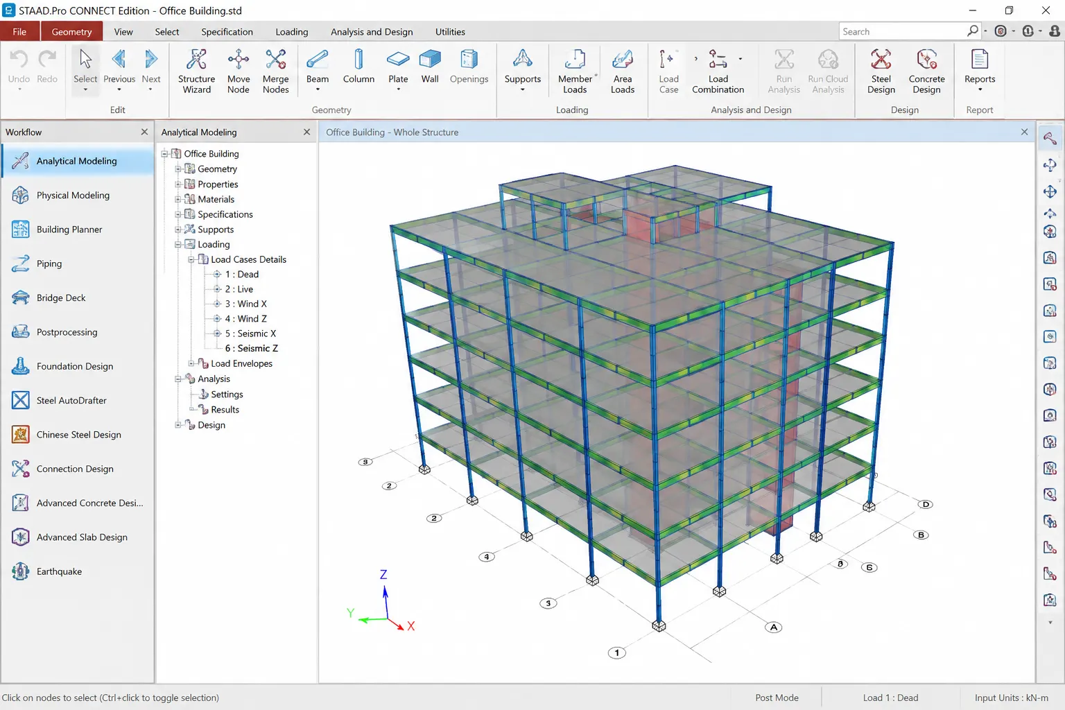 STAAD.Pro structural model of an office building frame with dead, live, wind, and seismic load cases defined