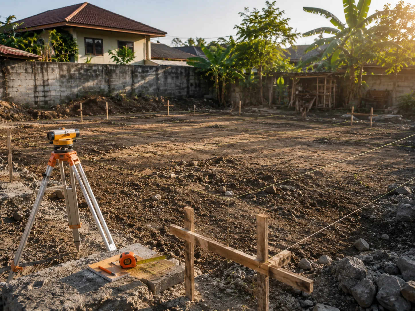 Vacant lot staked out with survey level for new construction