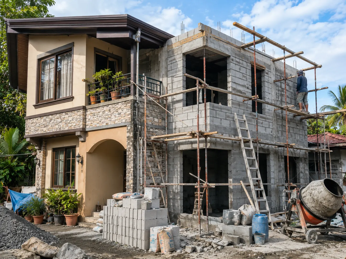 Existing building being renovated with new CHB block walls and scaffolding