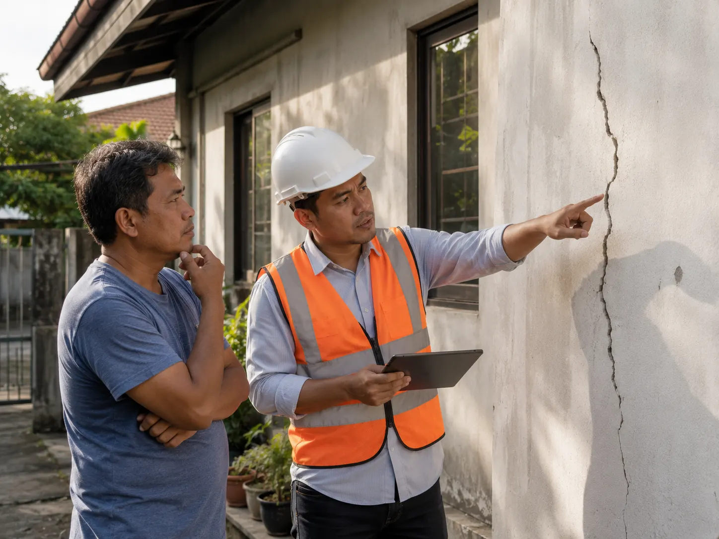 Engineer pointing out a wall crack to a homeowner