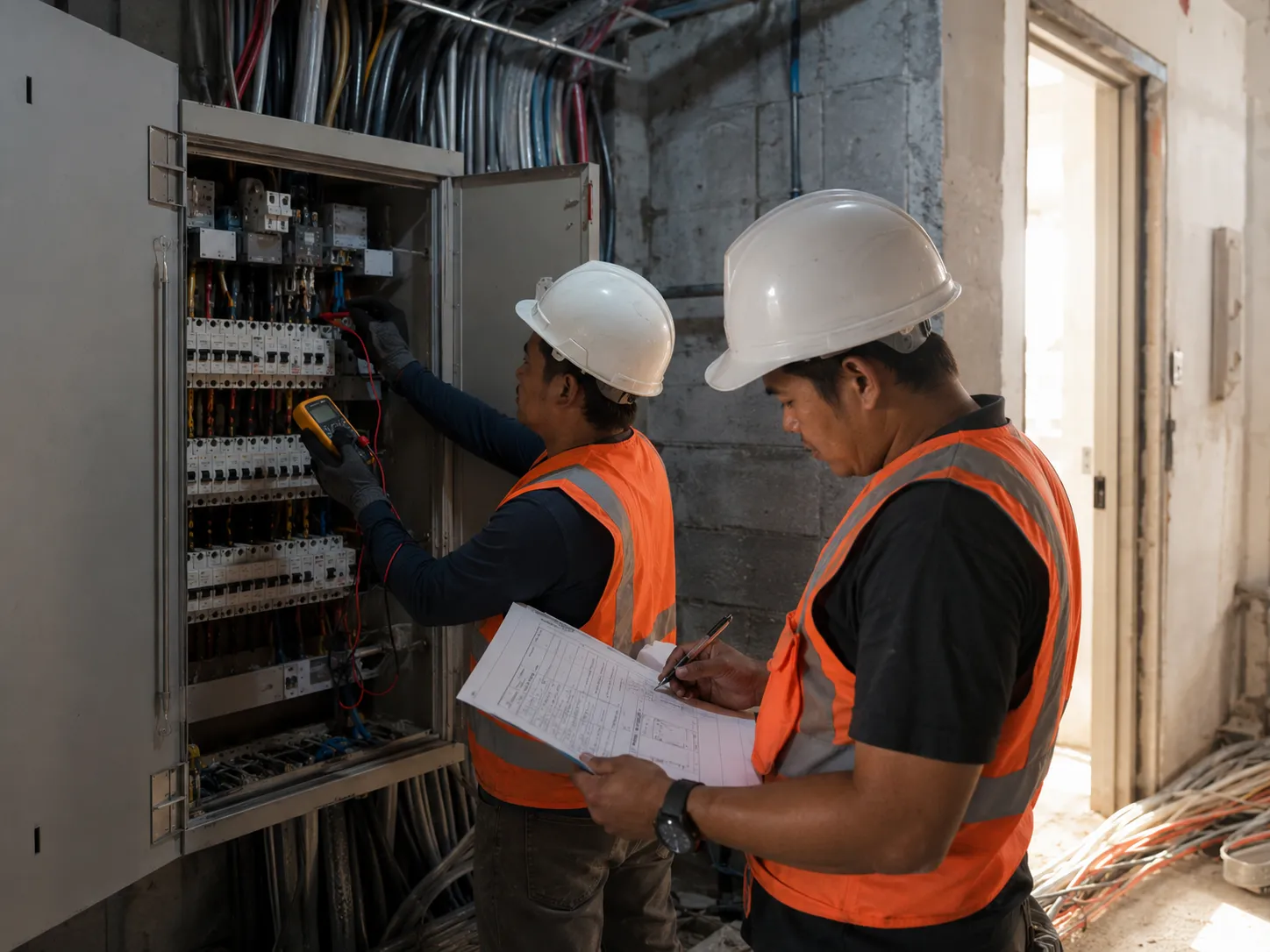 Electricians in orange safety vests testing a panel board with a multimeter against a printed load schedule