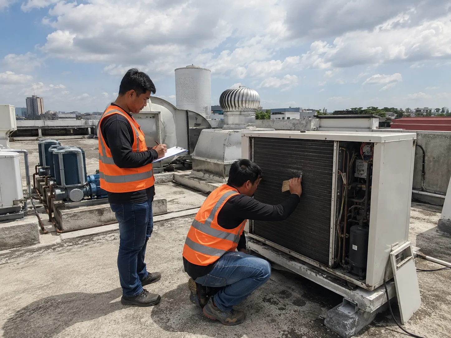 Technicians servicing a rooftop air-conditioning condenser unit during a scheduled preventive-maintenance visit