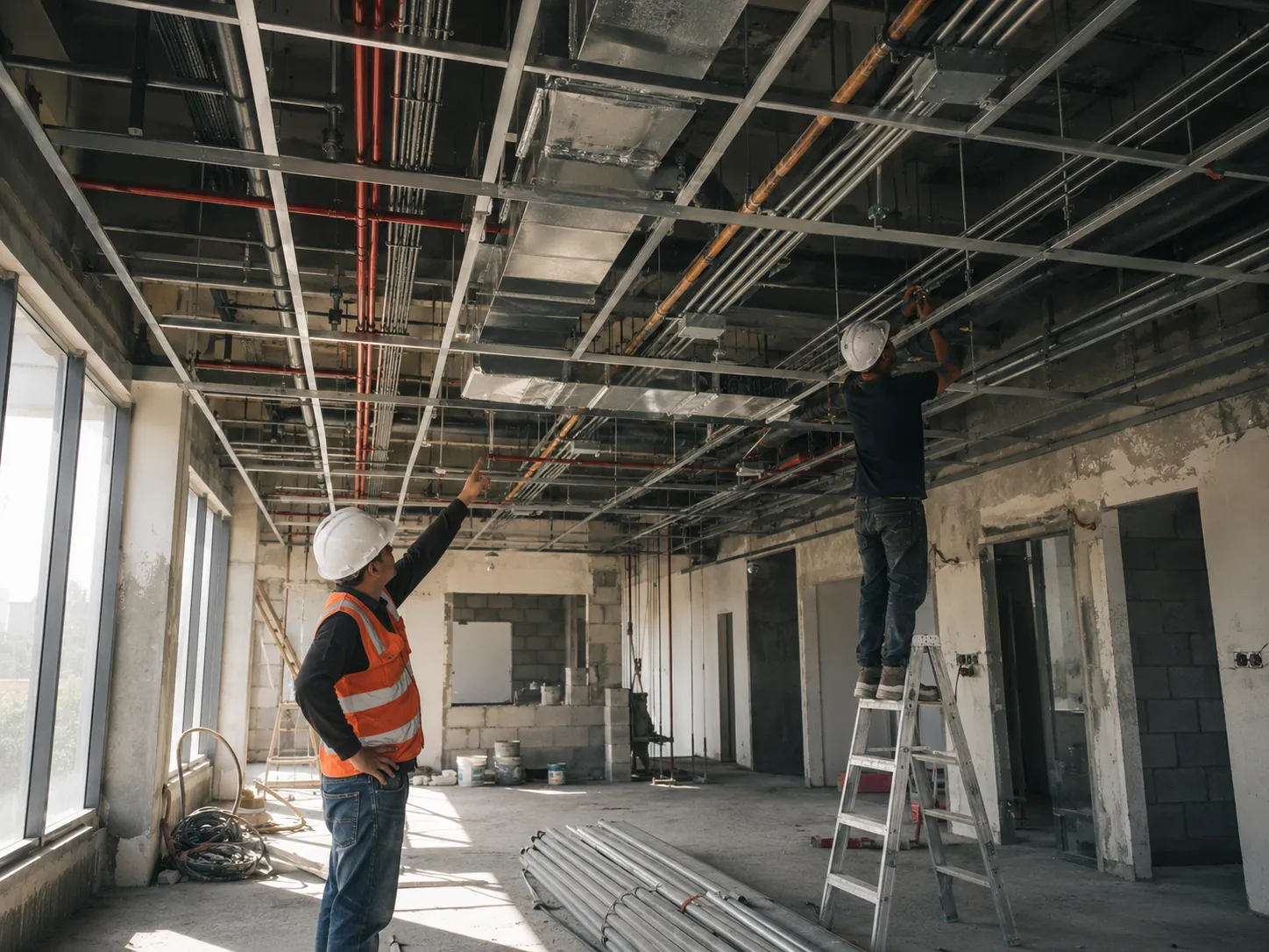 Coordinated ceiling services in a commercial fit-out — ductwork, red fire sprinkler piping and electrical containment above an open ceiling grid