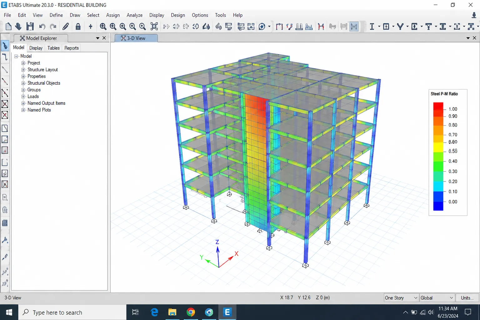 ETABS structural analysis software showing a color-coded steel P-M ratio model of a multi-storey building
