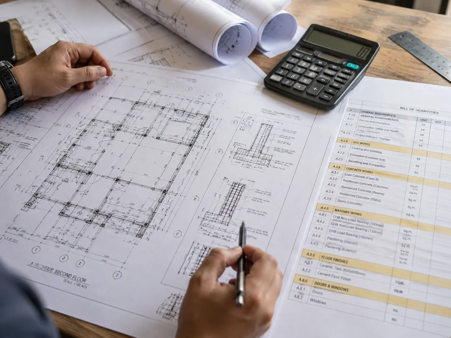 Structural floor plan drawings and an itemized bill of quantities spreadsheet on a desk with a calculator