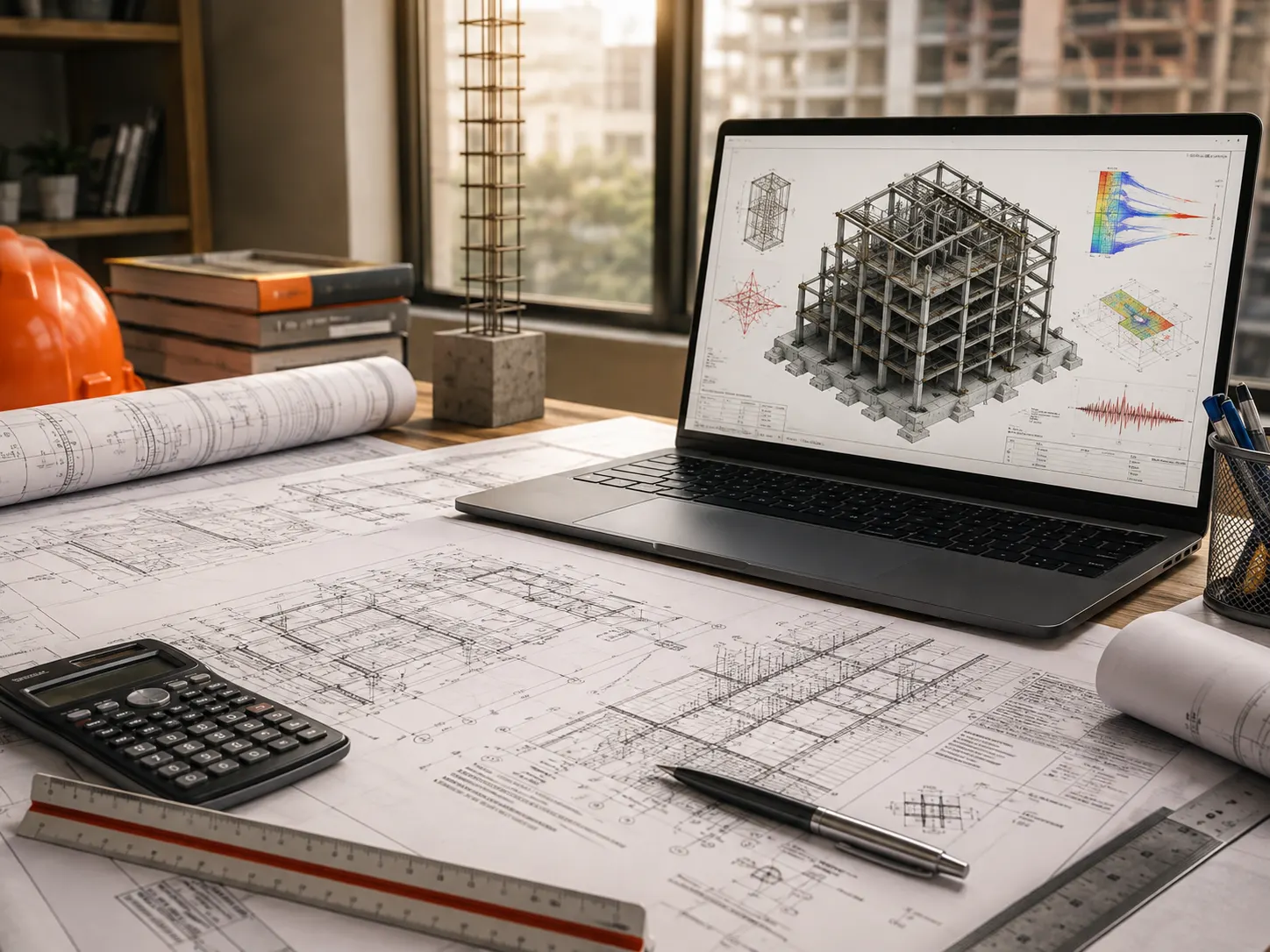 Laptop displaying a 3D structural model, load diagrams, and seismic analysis beside printed structural drawings