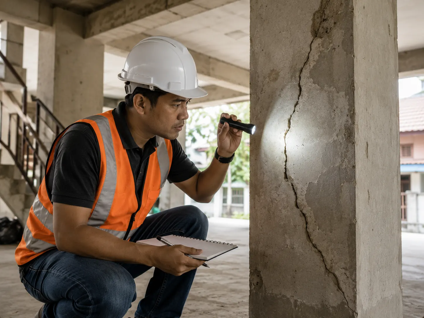 Engineer inspecting a cracked concrete column with a flashlight
