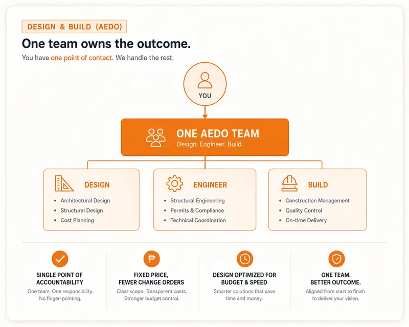 Design and build with AEDO: you have one point of contact — one AEDO team handling design, engineering and build — giving single-point accountability, fixed pricing, and a design optimized for budget and speed