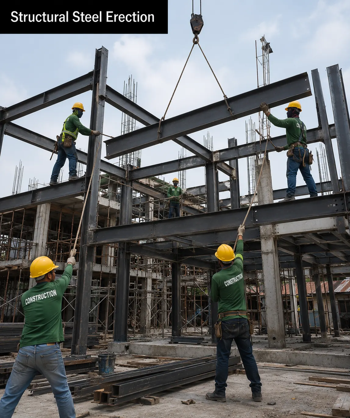 Structural steel erection on Philippine construction site