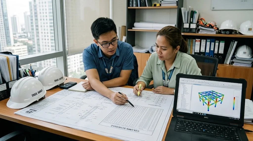 Two Filipino structural engineers reviewing a printed column schedule beside a laptop showing a three-dimensional frame analysis model