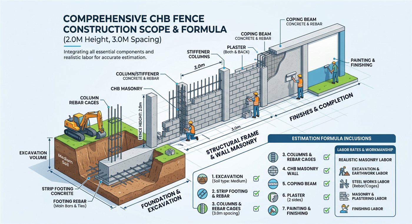 CHB perimeter fence construction scope diagram — excavation, strip footing, RC columns, CHB masonry, coping beam, plaster, and painting