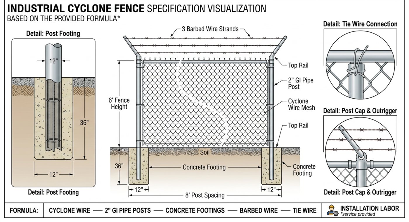 Cyclone wire fence specification diagram — GI pipe posts, concrete footings, cyclone wire mesh, top rail, and barbed wire strands