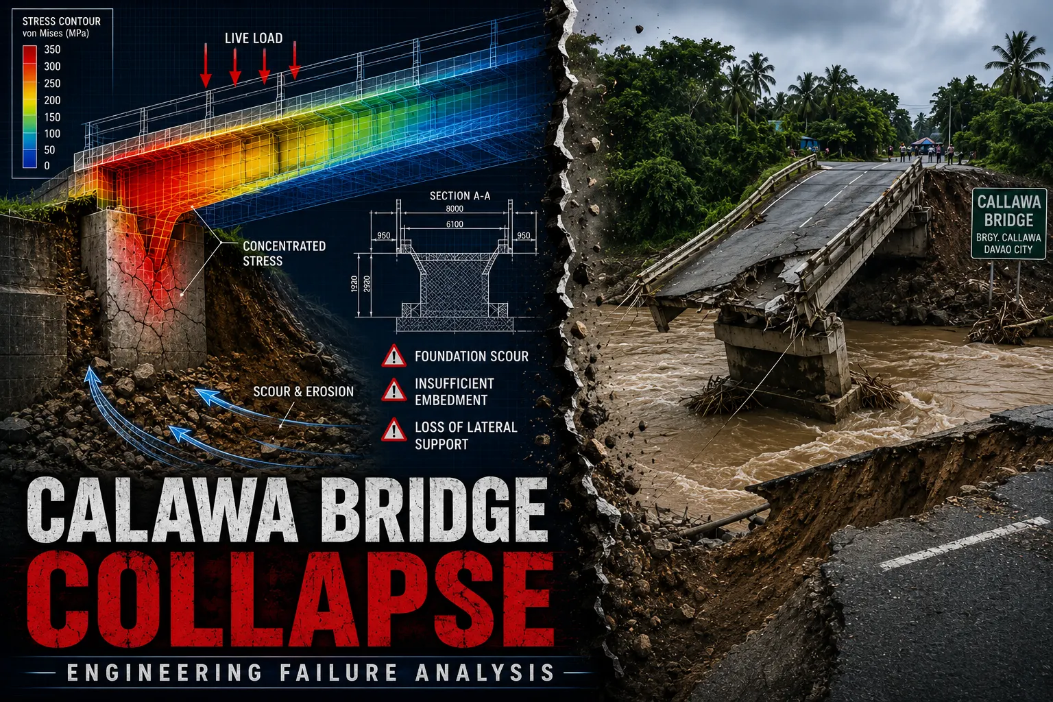 Engineering failure analysis graphic for the Callawa Bridge collapse in Davao City — stress-contour diagram and collapsed-span photo highlighting foundation scour and loss of lateral support