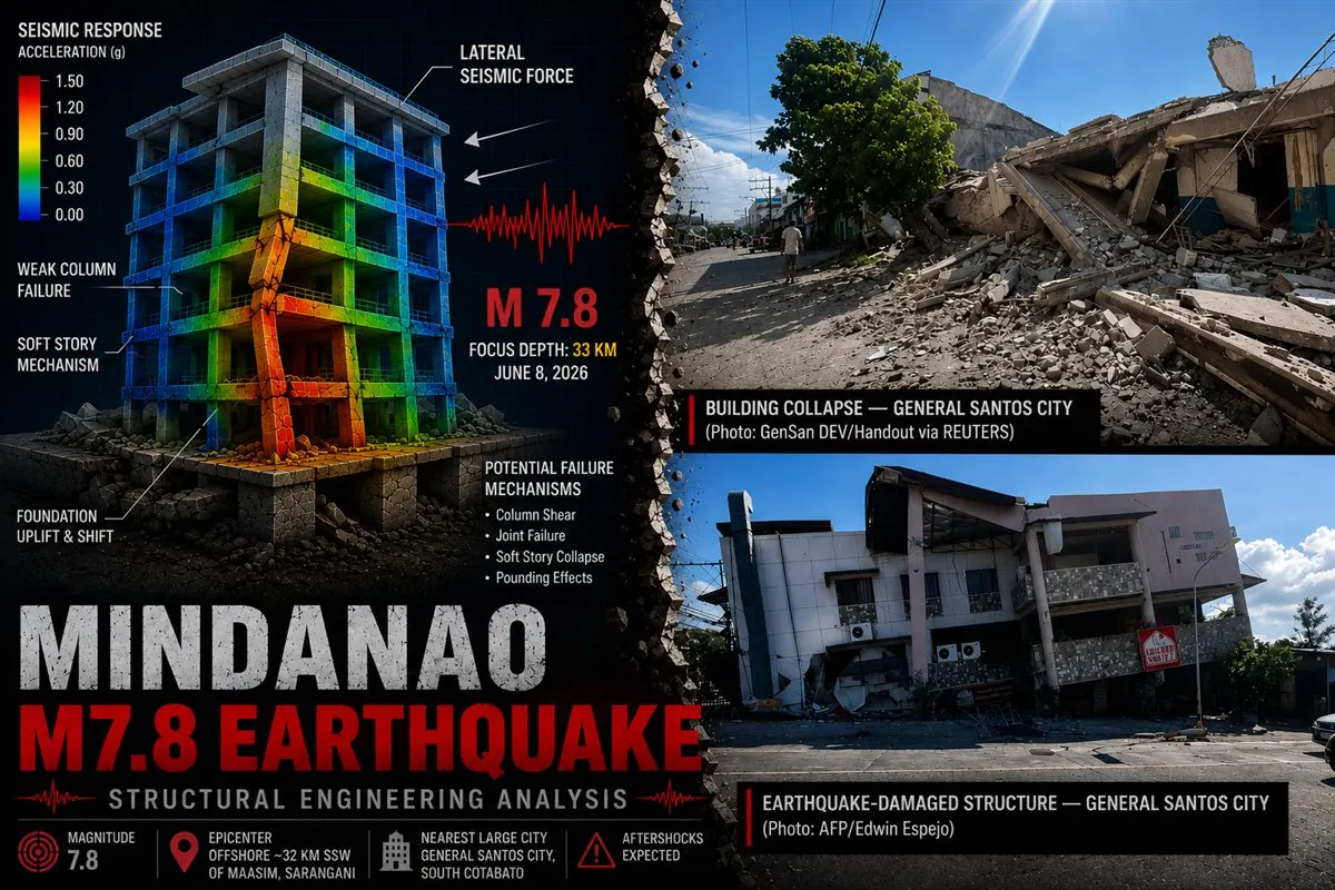 AEDO structural engineering analysis of the M7.8 Mindanao earthquake — seismic response model showing soft-storey and weak-column failure, alongside building-collapse photos from General Santos City