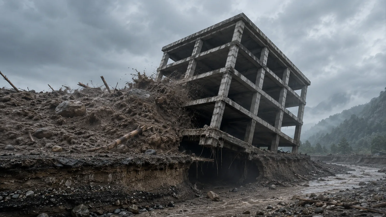 Engineering illustration of a debris flow striking an intact concrete building frame while scour removes the soil beneath its footing