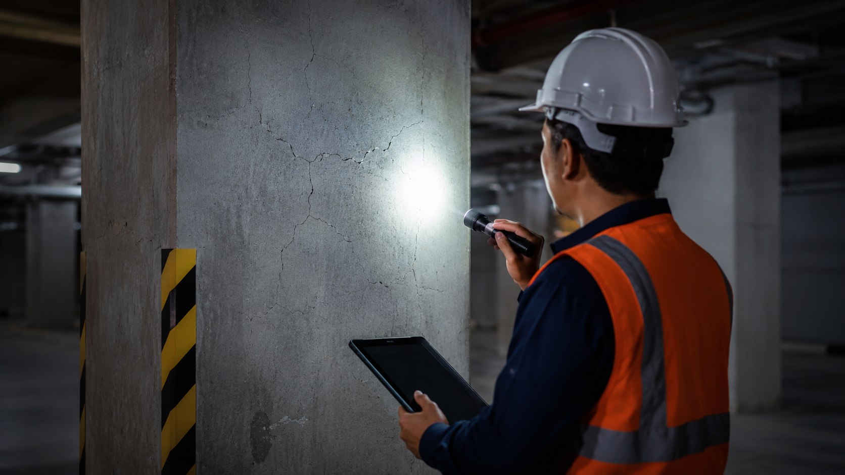 A licensed engineer inspecting a concrete column with a flashlight in a parking structure, checking for cracks