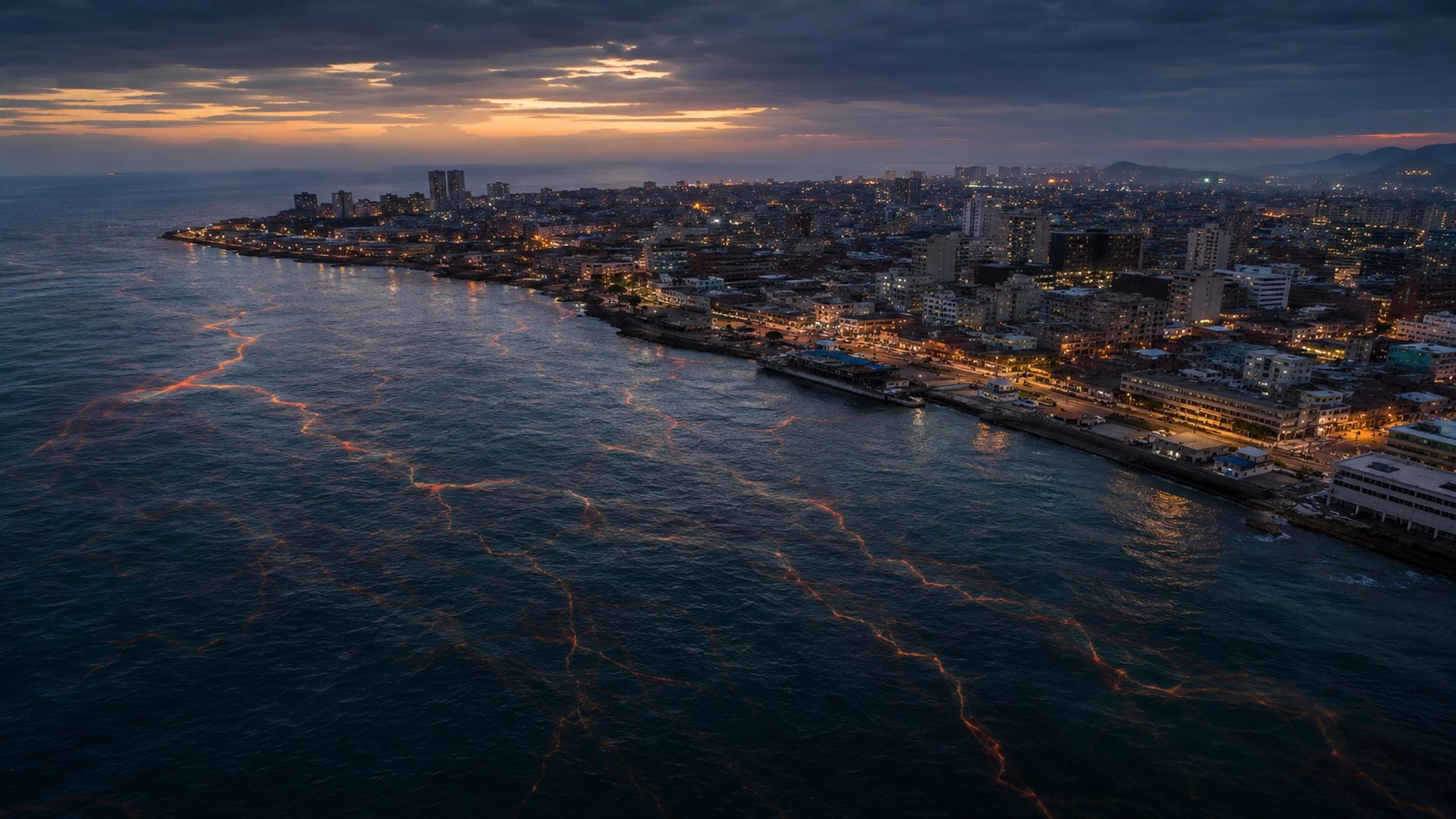 Aerial view of a Philippine coastal city at dusk with fault-line patterns glowing beneath the water — symbolic of the six active offshore trenches PHIVOLCS has identified around the archipelago